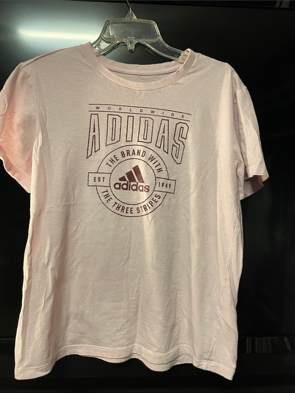 adidas Light Pink Short Sleeve Logo Tee with Maroon Graphic
